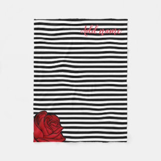 Custom, Black and White Stripes, with Rose. Fleece Blanket