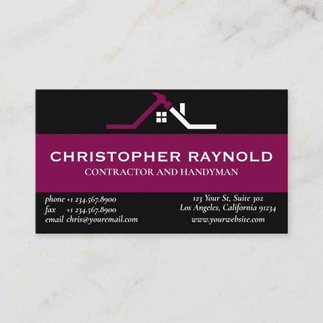 Custom Black and Wine Home Building Construction Business Card (Front)