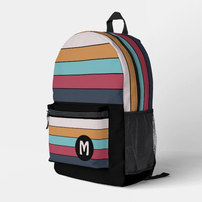 Custom Black Aqua Dark Blue Pink Yellow Stripes Printed Backpack (Back Corner Right)