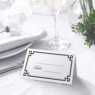 Custom Black Art Deco Border White Wedding Names Place Card
