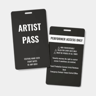 Custom Black Artist Performer Full Access Concert ID Badge