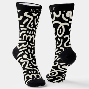 Custom Black Background White Abstract Pattern Socks