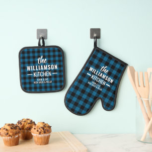 Custom Black Blue Buffalo Lumberjack Plaid Pattern Oven Mitt & Pot Holder Set
