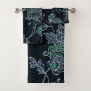 CUSTOM BLACK BLUE FLORAL BATHROOM TOWEL SET