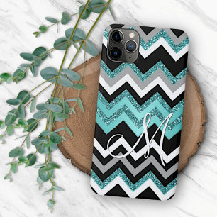 Custom Black Blue Turquoise Silver Zigzag Pattern iPhone 15 Mini Case