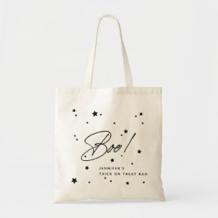 Custom Black Boo! Scattered Stars Halloween Treats Tote Bag
