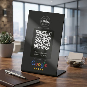 Custom Black Business Review QR Code Logo Pedestal Sign