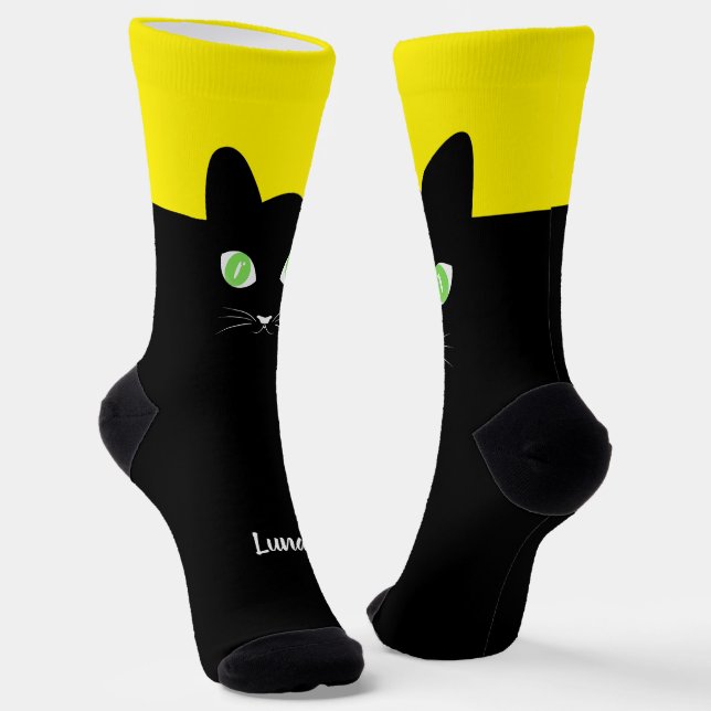 Custom Black Cat Photo Socks with Name - Cat Lover (Angled)