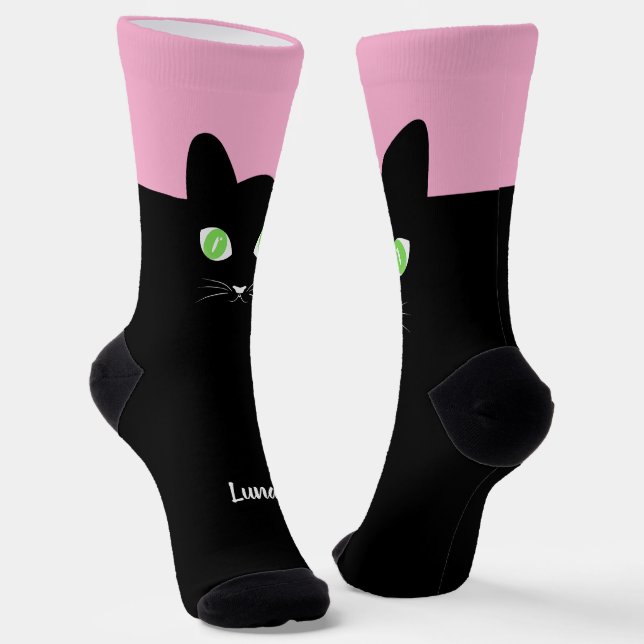 Custom Black Cat Photo Socks with Name - Cat Lover (Angled)