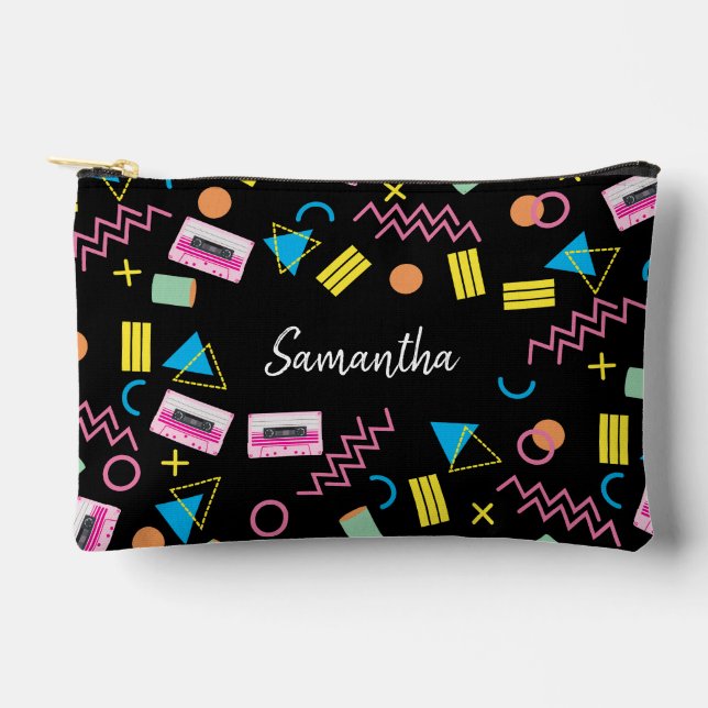 Custom Black Colourful Eighties 80's Retro Pattern Accessory Pouch (Front)
