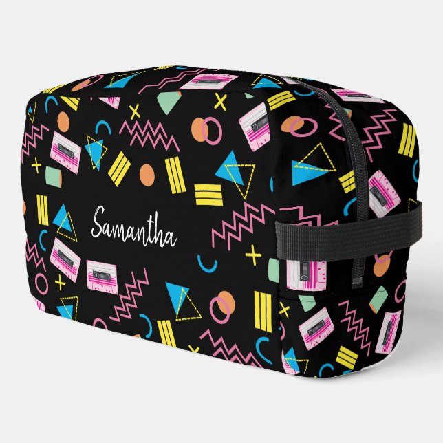 Custom Black Colourful Eighties 80's Retro Pattern Dopp Kit (Left Corner)