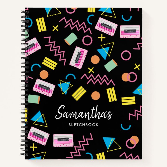 Custom Black Colourful Eighties 80's Retro Pattern Notebook (Front)