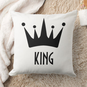 Custom Black Crown King Text White Throw Pillow