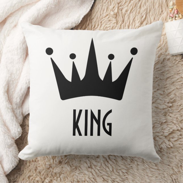 Custom Black Crown King Text White Throw Pillow (Blanket)