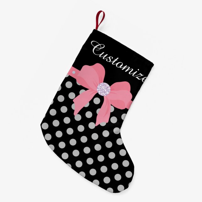 Custom Black Dotted w/Pink Bow & Diamonds Small Christmas Stocking (Front (Hanging))