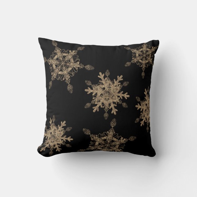 Custom Black Elegant Golden Snow Flakes Cushion (Front)
