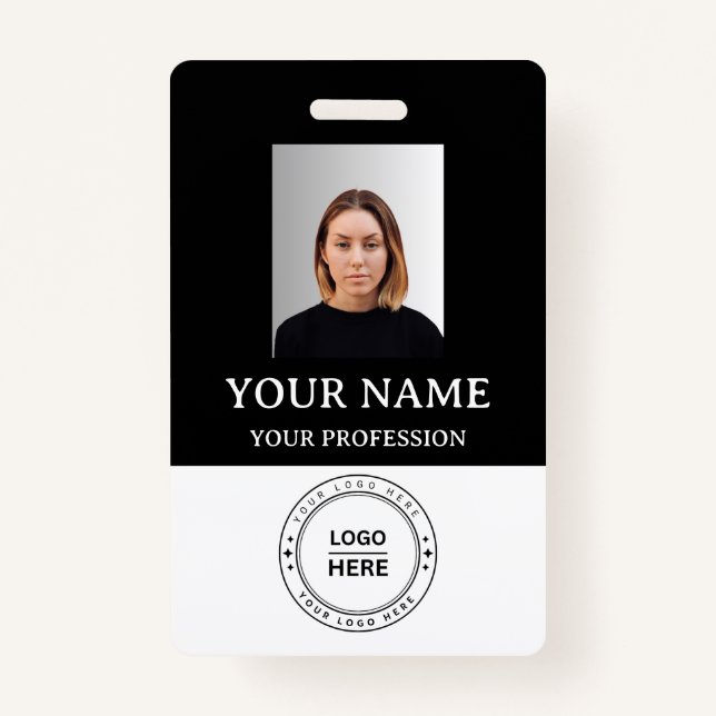 Custom black Employee Badge with Photo, Logo, QR ID Badge (Front)