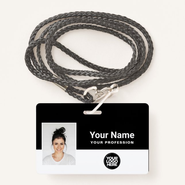 Custom Black Employee Photo Bar Code Logo Lanyard ID Badge (Front with Lanyard)
