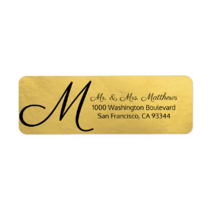 Custom Black Faux Gold Foil Monogram Letter Return Address Label