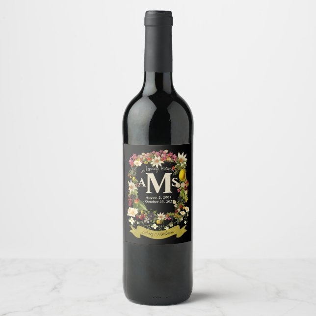 Custom Black Floral Crest Funeral Wine Label (Front)