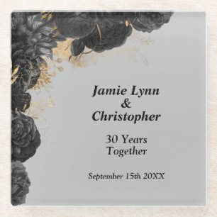 Custom Black Floral Wedding Anniversary Glass Coaster