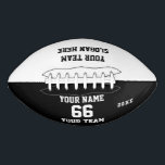 Custom black Football with Name, Number, Team<br><div class="desc">Create your own custom black white Football with Name, Number, Team Name, Slogan and Year. Personalise this simple classic football template with your custom message, name, team name and year. Easily personalise it for a cool sport keepsake. Create your unique personalised gift for coach, boy's birthday, football player, teammates and...</div>