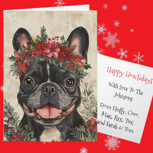 Custom Black French Bulldog Christmas Floral Crown Holiday Card