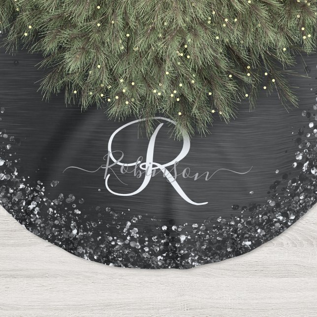 Custom Black Glitter Sparkle Monogram Brushed Polyester Tree Skirt (Creator Uploaded)