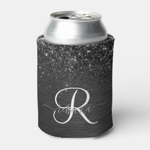 Custom Black Glitter Sparkle Monogram Can Cooler