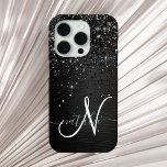 Custom Black Glitter Sparkle Monogram iPhone 15 Pro Case<br><div class="desc">Easily personalise this trendy elegant phone case design featuring pretty black sparkling glitter on a black brushed metallic background.</div>