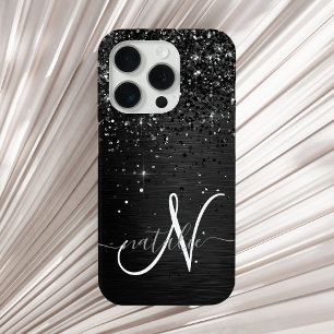 Custom Black Glitter Sparkle Monogram iPhone 15 Pro Case