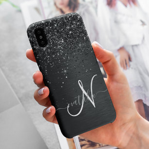 Custom Black Glitter Sparkle Monogram iPhone 15 Pro Max Case