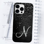 Custom Black Glitter Sparkle Monogram Case-Mate iPhone 14 Pro Max Case<br><div class="desc">Easily personalise this trendy elegant phone case design featuring pretty black sparkling glitter on a black brushed metallic background.</div>