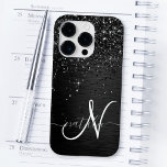 Custom Black Glitter Sparkle Monogram Case-Mate iPhone 14 Pro Case<br><div class="desc">Easily personalise this trendy elegant phone case design featuring pretty black sparkling glitter on a black brushed metallic background.</div>