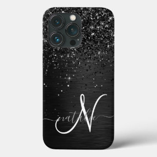 Custom Black Glitter Sparkle Monogram iPhone 13 Pro Case