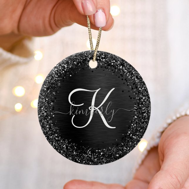 Custom Black Glitter Sparkle Monogram Ceramic Ornament (Creator Uploaded)