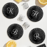 Custom Black Glitter Sparkle Monogram Coaster Set<br><div class="desc">Easily personalise this trendy elegant coaster set design featuring pretty black sparkling glitter on a black brushed metallic background.</div>