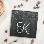 Custom Black Glitter Sparkle Monogram Glass Coaster<br><div class="desc">Easily personalise this trendy elegant glass coaster design featuring pretty black sparkling glitter on a black brushed metallic background.</div>