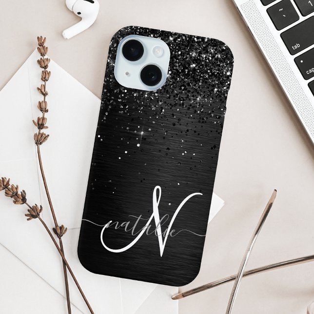 Custom Black Glitter Sparkle Monogram iPhone 15 Case (Creator Uploaded)