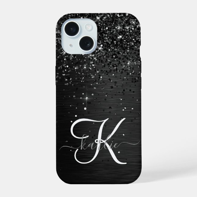 Custom Black Glitter Sparkle Monogram iPhone 15 Case (Back)