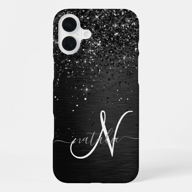 Custom Black Glitter Sparkle Monogram iPhone Case (Back)