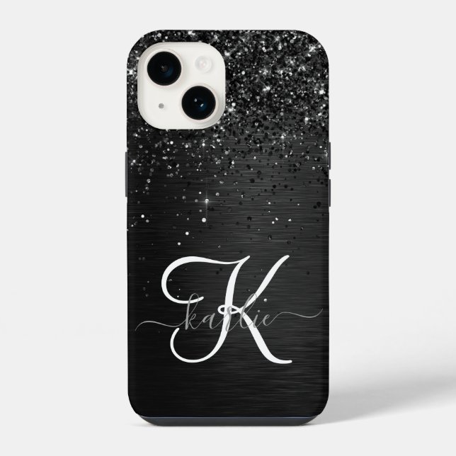 Custom Black Glitter Sparkle Monogram iPhone Case (Back)
