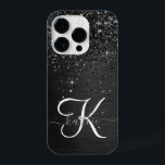 Custom Black Glitter Sparkle Monogram iPhone 14 Pro Case<br><div class="desc">Easily personalise this trendy elegant phone case design featuring pretty black sparkling glitter on a black brushed metallic background.</div>