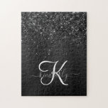 Custom Black Glitter Sparkle Monogram Jigsaw Puzzle<br><div class="desc">Easily personalise this trendy elegant jigsaw puzzle design featuring pretty black sparkling glitter on a black brushed metallic background.</div>