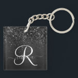 Custom Black Glitter Sparkle Monogram Key Ring<br><div class="desc">Easily personalise this trendy elegant keychain design featuring pretty black sparkling glitter on a black brushed metallic background.</div>