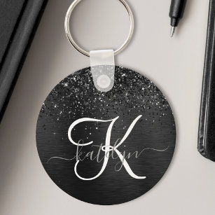 Custom Black Glitter Sparkle Monogram Key Ring
