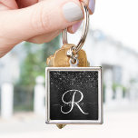 Custom Black Glitter Sparkle Monogram Key Ring<br><div class="desc">Easily personalise this trendy elegant keychain design featuring pretty black sparkling glitter on a black brushed metallic background.</div>