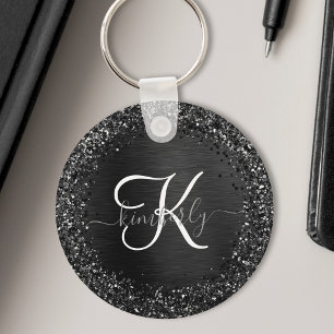 Custom Black Glitter Sparkle Monogram Key Ring
