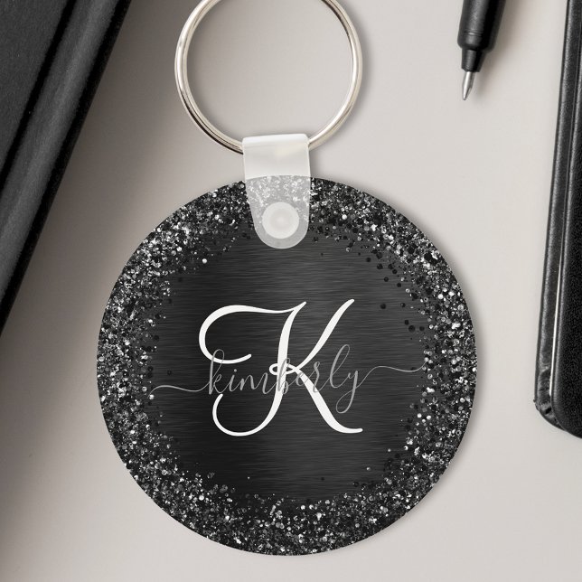 Custom Black Glitter Sparkle Monogram Key Ring (Creator Uploaded)
