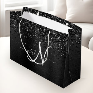 Custom Black Glitter Sparkle Monogram Large Gift Bag